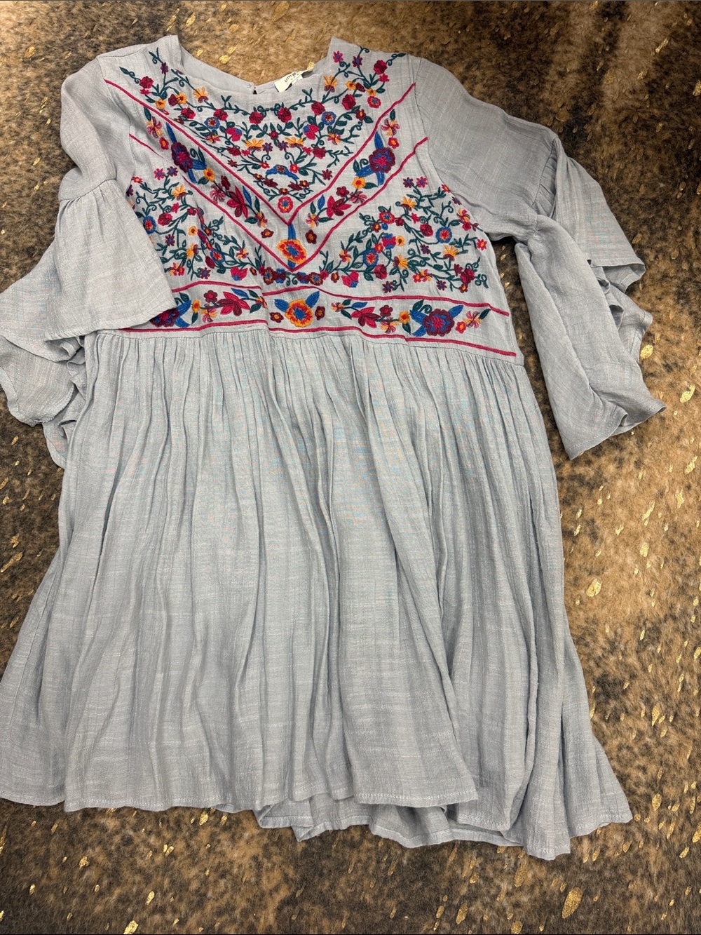 Umgee Light Gray Embroidered Boho Tunic dress | small